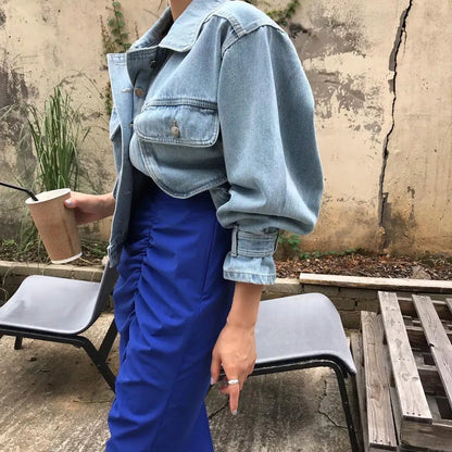 Denim Coats Jackets Women Puff Long Sleeve Y2k Clothes Cropped Jacket