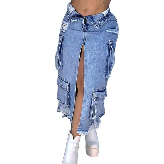 Women's High Split Ripped Denim Maxi Skirt Jeans Cargo Skirt Y2k