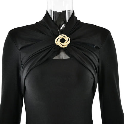 Hollow Out Long Sleeve Maxi Dress For Women Metal Buckle Bodycon Cocktail Dress