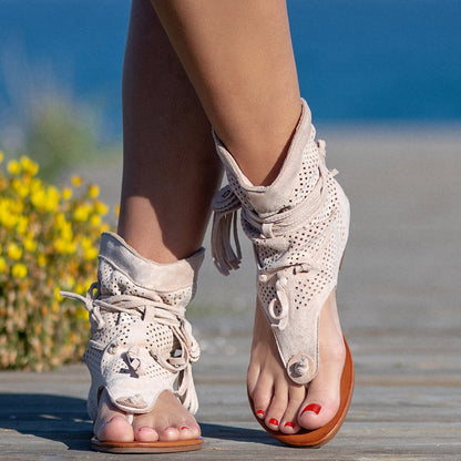 Sandals for Women Retro Bohemian Tassel Roman Beach Shoes Summer Clip Toe Gladiator Sandals