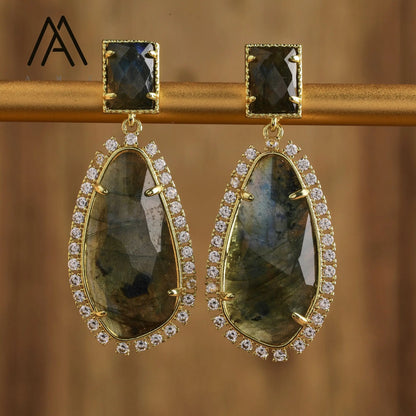 Luxury Crystal Earrings Wedding Jewelry Healing Natural Gemstone Amethysts Amazonite Labradorite Stud Earring Gift to Women