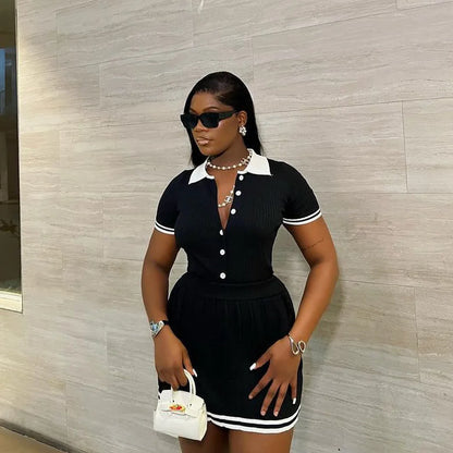 Mini Skirt Set Women Two Piece Sets Polo Collar Knit Shirt Tops Skirt Sets Casual Y2k