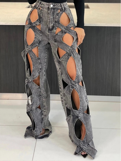 Stretchy Cross Hollow Out Loose Denim Cargo Pants for Women