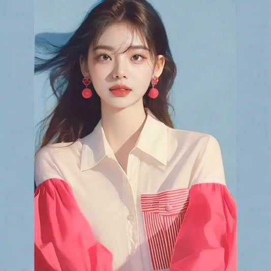 Unique Bubble Sleeve Short Sleeved Shirt for Women Patchwork Long Sleeved Top