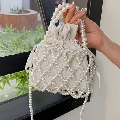 Luxury Pearl Women Bucket Tote Bag Woven Pearl Crossbody Bags for Women Small Wallet