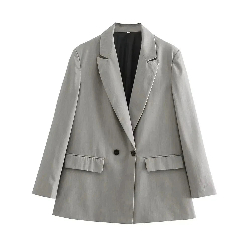 Women Double Breasted Loose Fitting Blazer Coat Vintage Long Sleeve Pockets Female Outerwear Blazer