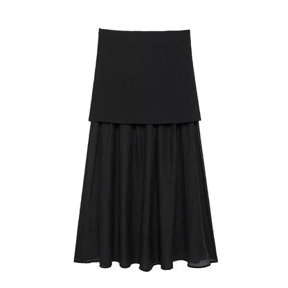 Knitted Patchwork Pleated Side Zipper Midi Skirt Vintage High Waist Female Chic Lady Skirts