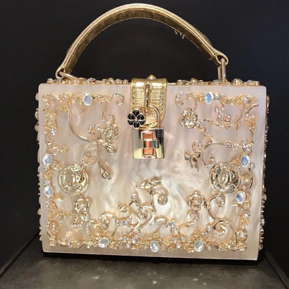 High-Grade Crystal Evening Bag Female New Hollow Out Metal Carved Flower Diamond Handbag