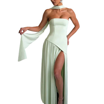 Elegant Strapless Scarf Neck Pleated Dress Woman Sexy Slim Solid Backless Evening Dress
