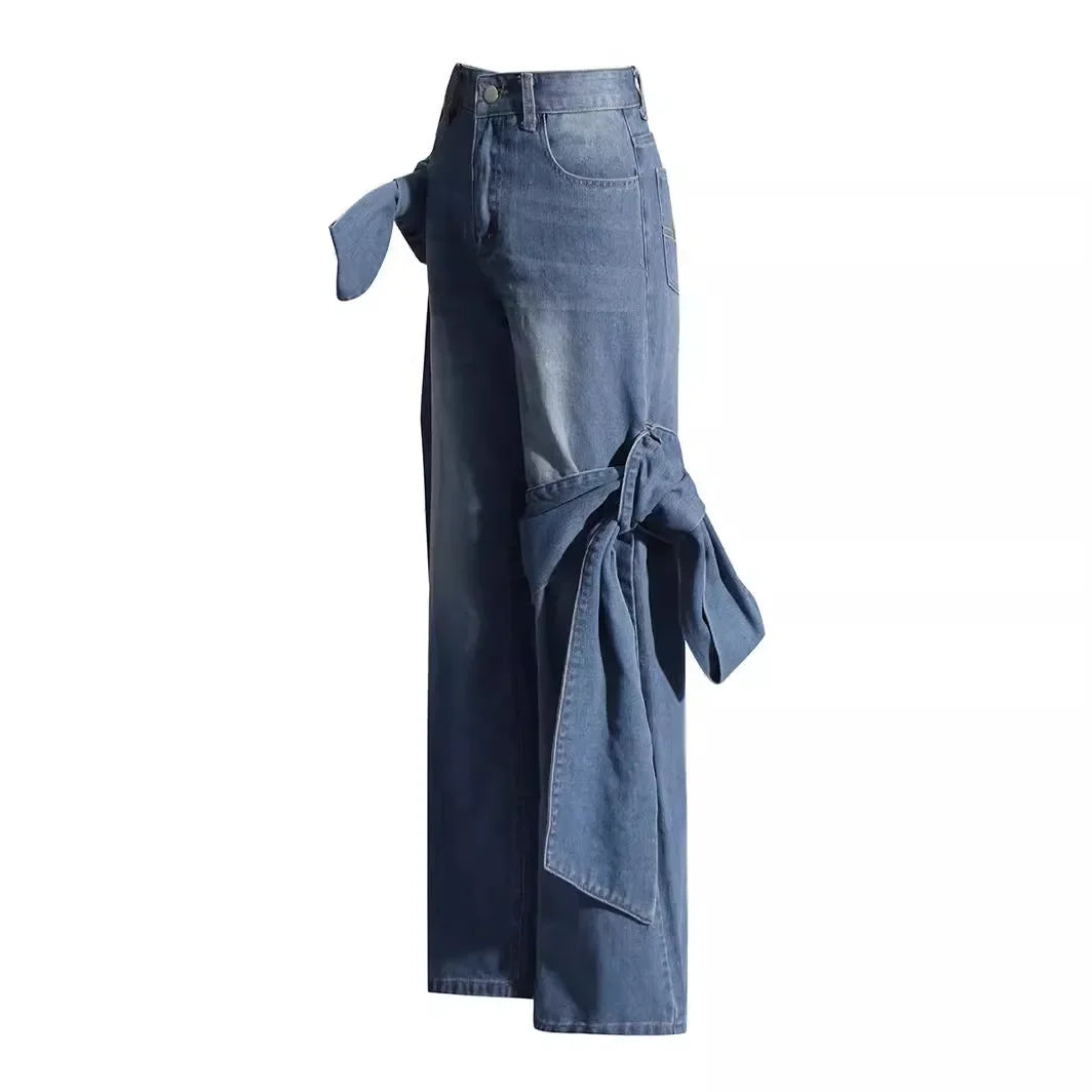 Jeans Women Bow Denim Wide Leg Floor Length Pant Y2k Mom Jeans