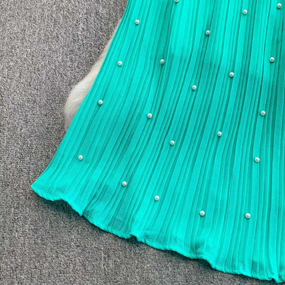 Summer Luxury Pearls Long Chiffon Dress For Women Loose Big Size Short Sleeve Crystal Birthday Evening Midi Pleated Dresses