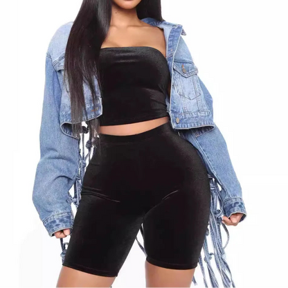 Women Denim Jacket Back Grid Fringe Personalized Jacket Coat