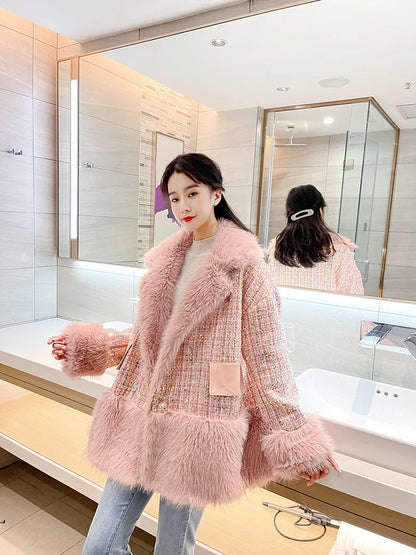 Glitter Coarse Wool Blended Fur Coat Long Sleeve Loose Coat