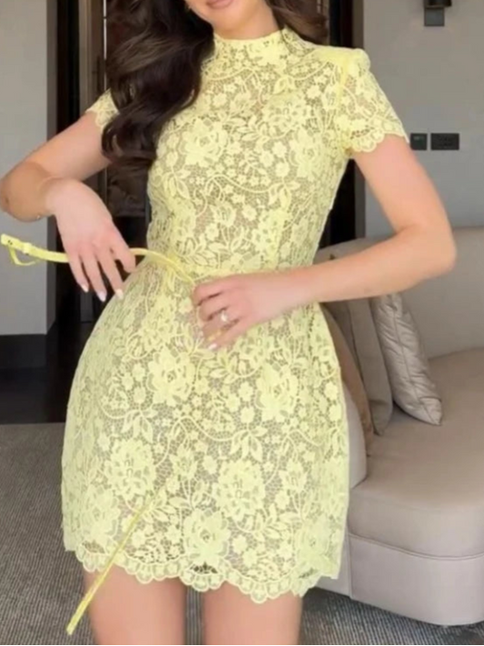 Sexy Lace Printed Women's Dress Elegant O-neck Short Sleeve High Waist Mini Dress