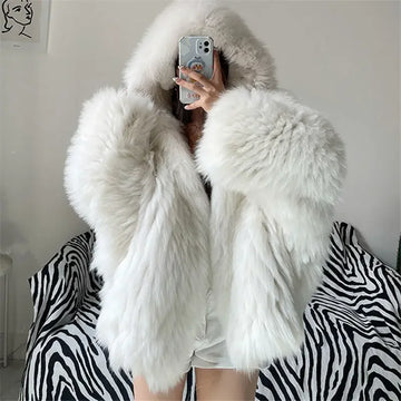 Faux Fur Jackets for Women Hooded Coats Warm Thick Fur Coat