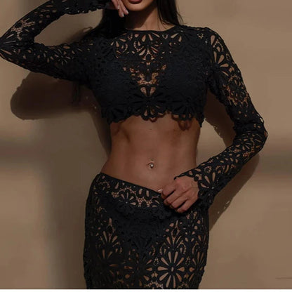 Summer Vacation See Through Crochet Top Women Set Hallow Out Flare Long Sleeve Skirts Set