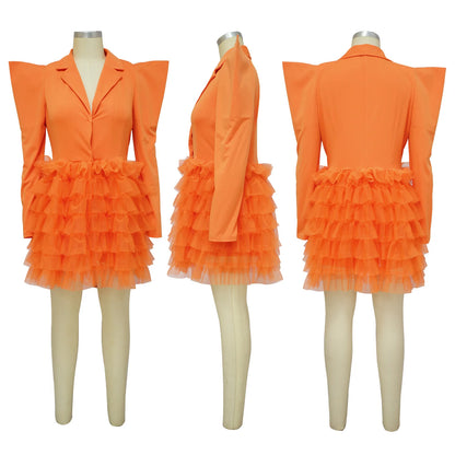Mesh Paneling Solid Right Shoulders Long Sleeves Cake Dress For Women