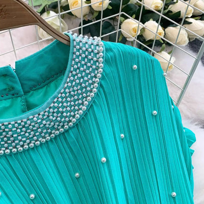 Summer Luxury Pearls Long Chiffon Dress For Women Loose Big Size Short Sleeve Crystal Birthday Evening Midi Pleated Dresses