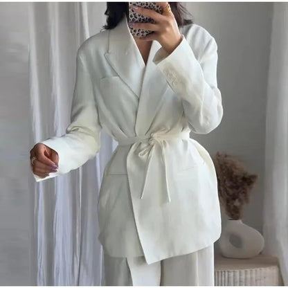 Elegant Blazer Pants Sets Women V-neck Lace up Jacket Full Sleeve Wide Leg Trousers Suit