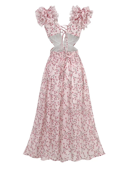 Ruffle Floral Split Vacation Party Beach Dress
