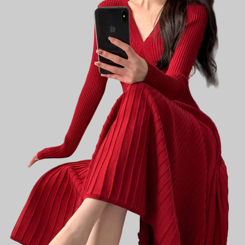 Women French Style A Line V Neck Knitted Sweater Dress Long Maxi Dress