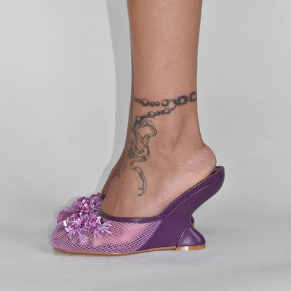 Women Summer Wedges Mesh Shoes Flower Round Toe Slip-On Hollow High Heeled sandals