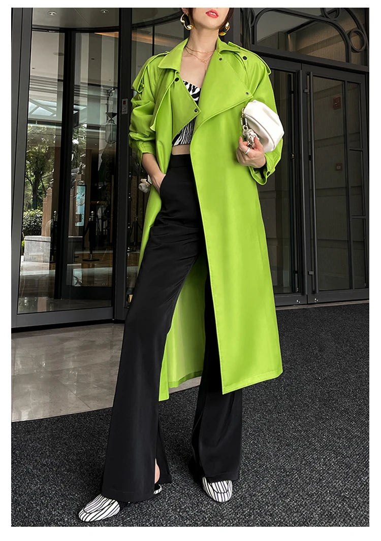 Luxury Long Oversized Bright Green Faux Leather Trench Coat for Women