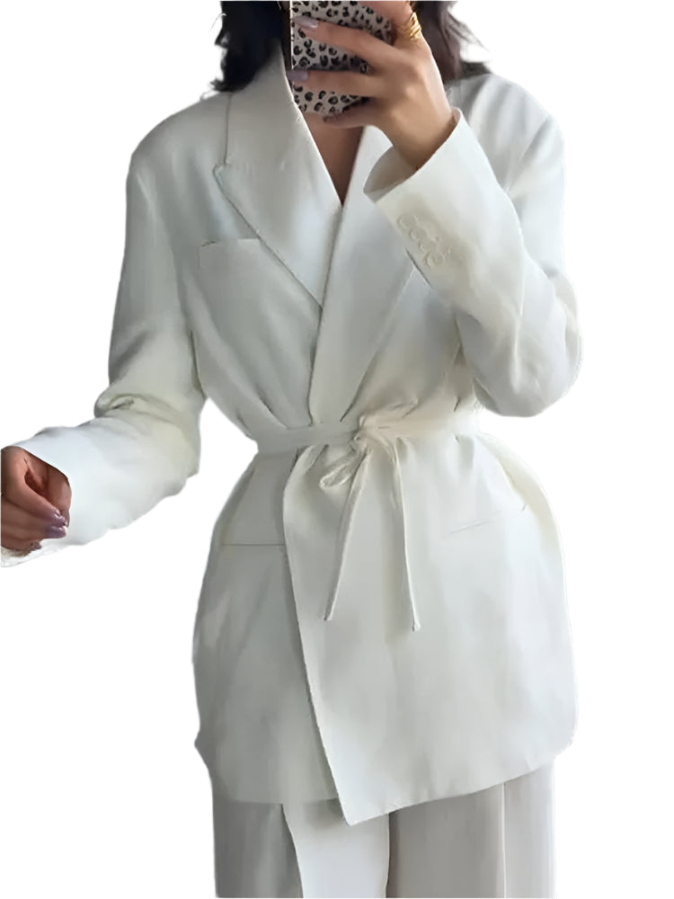 Elegant Blazer Pants Sets Women V-neck Lace up Jacket Full Sleeve Wide Leg Trousers Suit