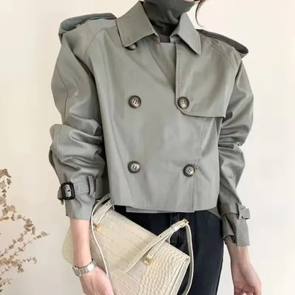 Vintage Double Breasted Crop Jacket Trench Jackets Women Loose Chic Windbreaker