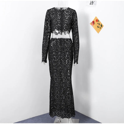 Summer Vacation See Through Crochet Top Women Set Hallow Out Flare Long Sleeve Skirts Set