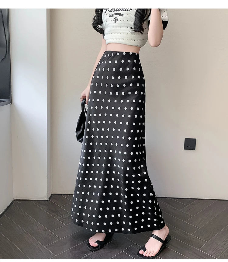 Polka Dot Satin Skirt Women's High Waist Versatile Elegant Dot Long Skirt