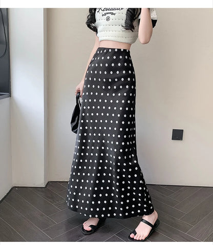 Polka Dot Satin Skirt Women's High Waist Versatile Elegant Dot Long Skirt