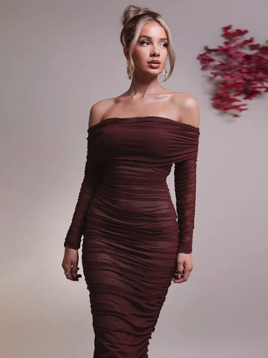 Off-shoulder Maxi Bodycon Dress For Women Backless Bodycon Ruched Party Long Dress