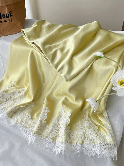 Satin Skirt With Lace Trim Patchwork Pack Hip Long A-line Skirt
