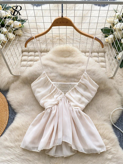 Chiffon Tops Straps Deep V Backless Top Ruffles Short Tank Top Vacation Style Sexy Tops