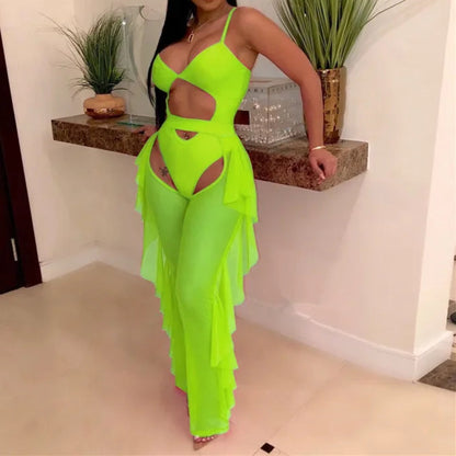 Hollow Out 2 Pieces Set for Woman Mesh See Through Bodysuit Top and Ruffles Pants Swimsuit Outfit