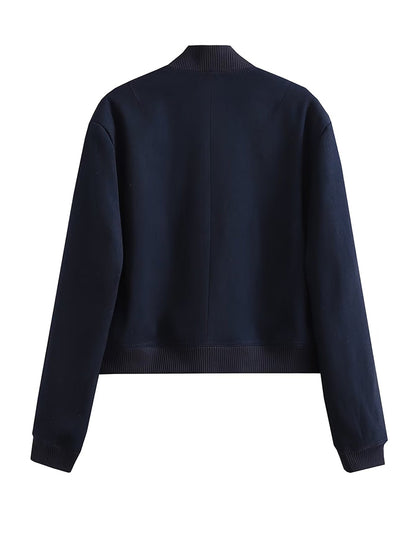 Solid Bomber Jackets Coat With Pockets V-Neck Single Breasted Long Sleeves Jacket