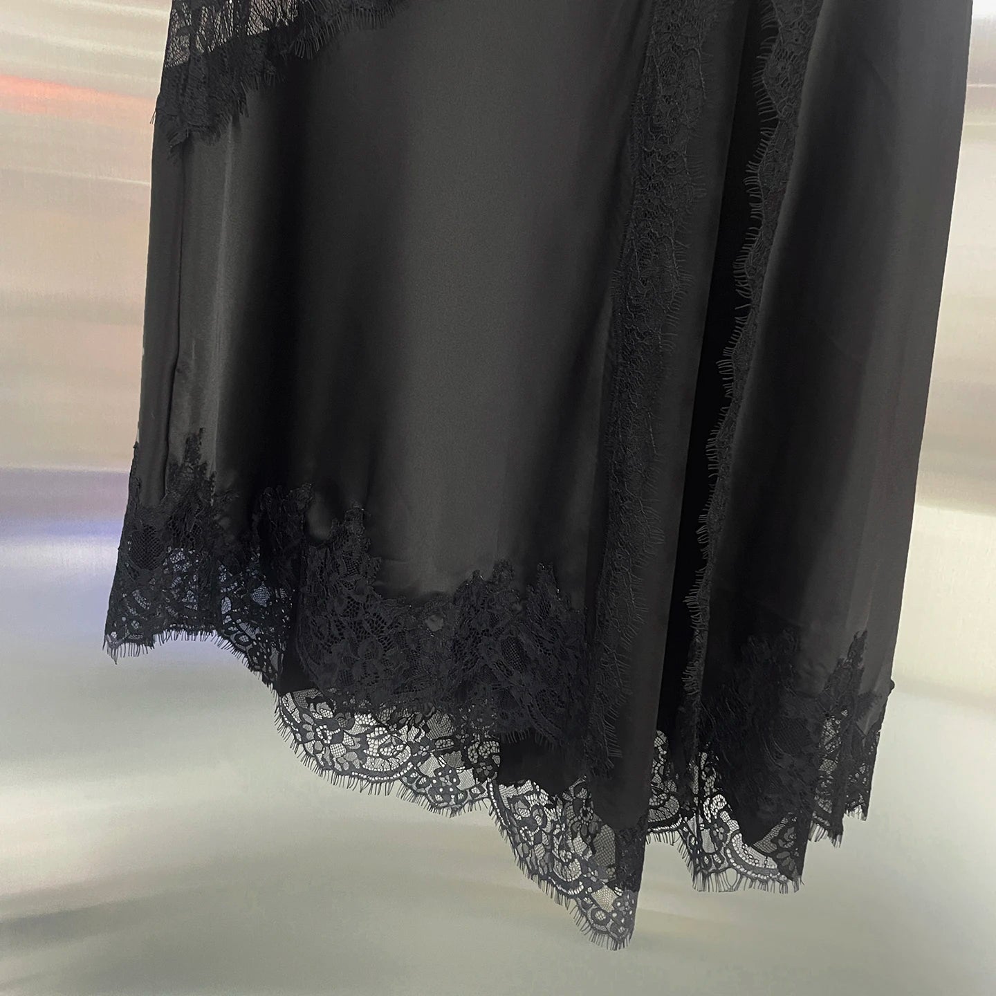 Sexy Asymmetrical Long Skirts Lace Hem Satin Skirt for Women