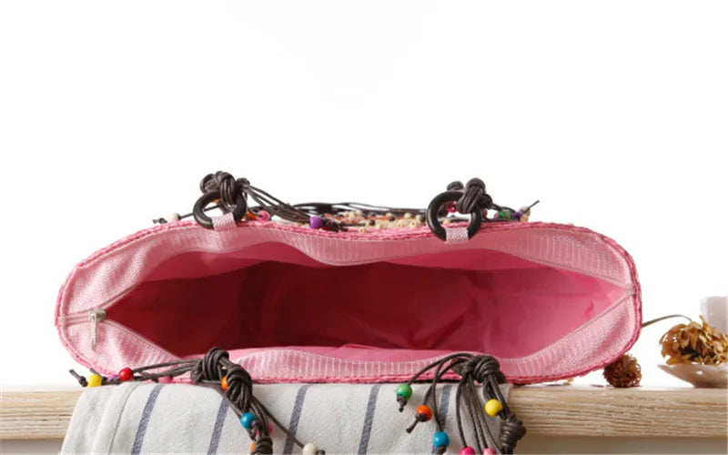 Bohemian Hand Embroidered Starfish Straw Woven Bag Beaded Handbags For Ladies
