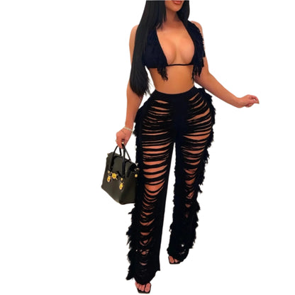 Tassel Knitted Pants Two Piece Set Resort Outfit Vacation Outfit Beach Cover Up