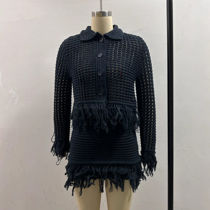 Vintage Women Knitted Hollow Out Tassel Mini Skirt Set Cardigan+Fringe Mini Skirt