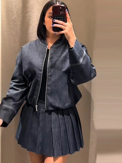 Denim Jacket Mini Skirt Women 2 Piece Set Stand Collar Zipper Long Sleeve Pocket Coat A-line Skirts