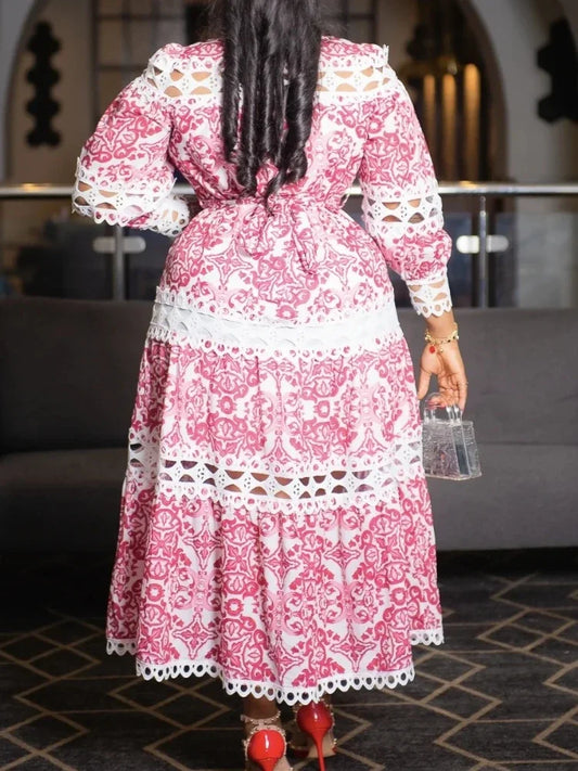 Women Lace Printed Vintage Elegant Patchwork Hollow Out Long Sleeve Dress