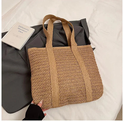 Women's Large Capacity Shoulder Bag Straw Woven Bag Letter Embroidery Handbag