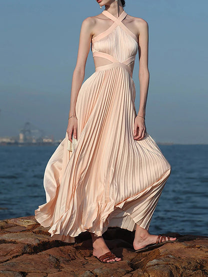 Sexy Halter Neck Cutout Pleated A-line Long Dress Pink Sleeveless Backless Party Dress