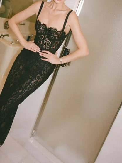 Sexy Spaghetti Strap Square Neck Lace Long Dress Women Black Floral Lace Bodycon Dress