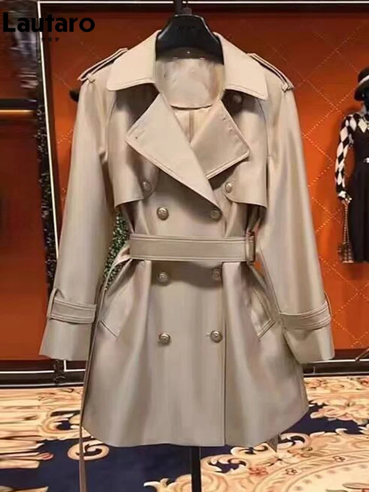 Autumn Khaki Satin Trench Coat for Women British Style Belted Double Breasted Coat