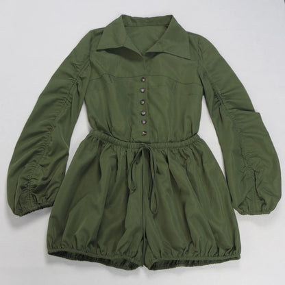 Elegant Ruched Drawstring Patchwork Rompers Woman Solid Color Lantern Sleeve Jumpsuits
