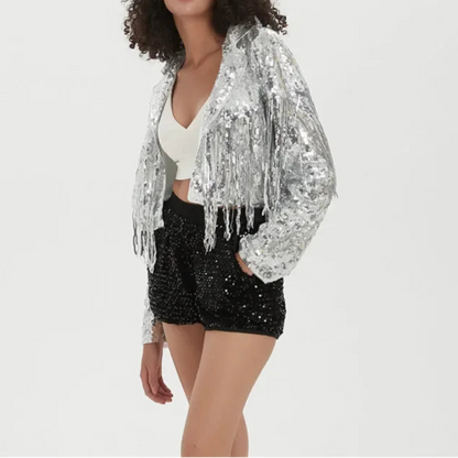 New Long Sleeve Sequin Tassel Patchwork Coat Cardigan Jacket