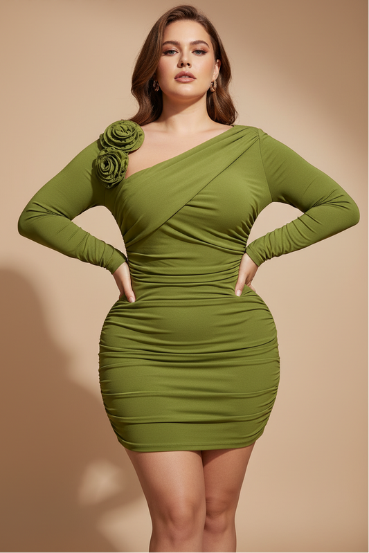 Women Long Sleeve Floral Applique Skew Collar Stacked Bodycon Midi Dress